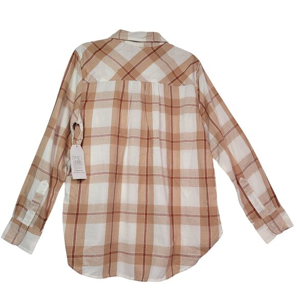 Time & Tru Women's Plaid Button-Up Long Sleeve Shirt Beige Size Small (4-6) - Picture 2 of 11